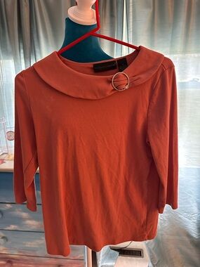 Preswick & Moore Women's Rust Orange Buckle Collar Long Sleeve Top
